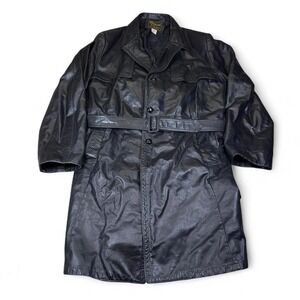 Vintage Deed Sportswear Black Leather Trench Coat Mens L Belted USA